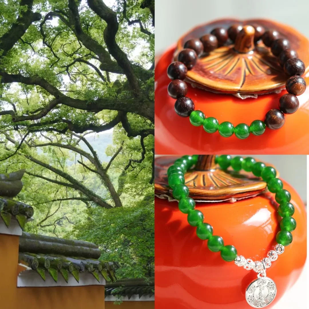 Collage: trees and a temple roof on the left; on the right, two bracelets on an orange ceramic jar, one of wood-grain and green beads, one of green beads with a silver-toned medallion.